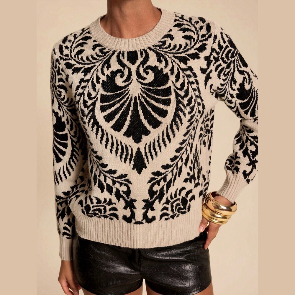 Tan / Black Baroque Print Jacquard Knit Crew Neck Sweater